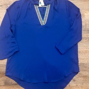 Society Girl Women's Large V Neck Blouse with Geometric Trim